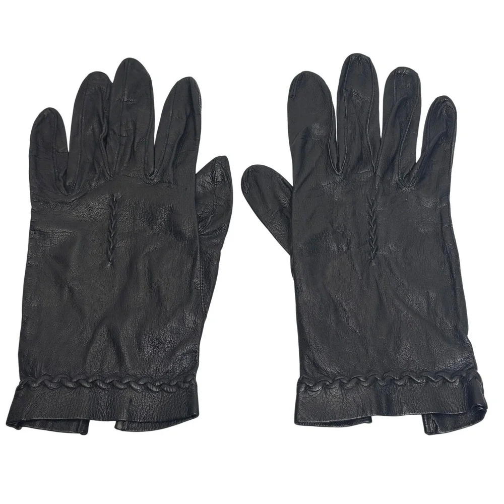 VTG Leather Driving Gloves Black Braided Trim Winter Classic Womens Small